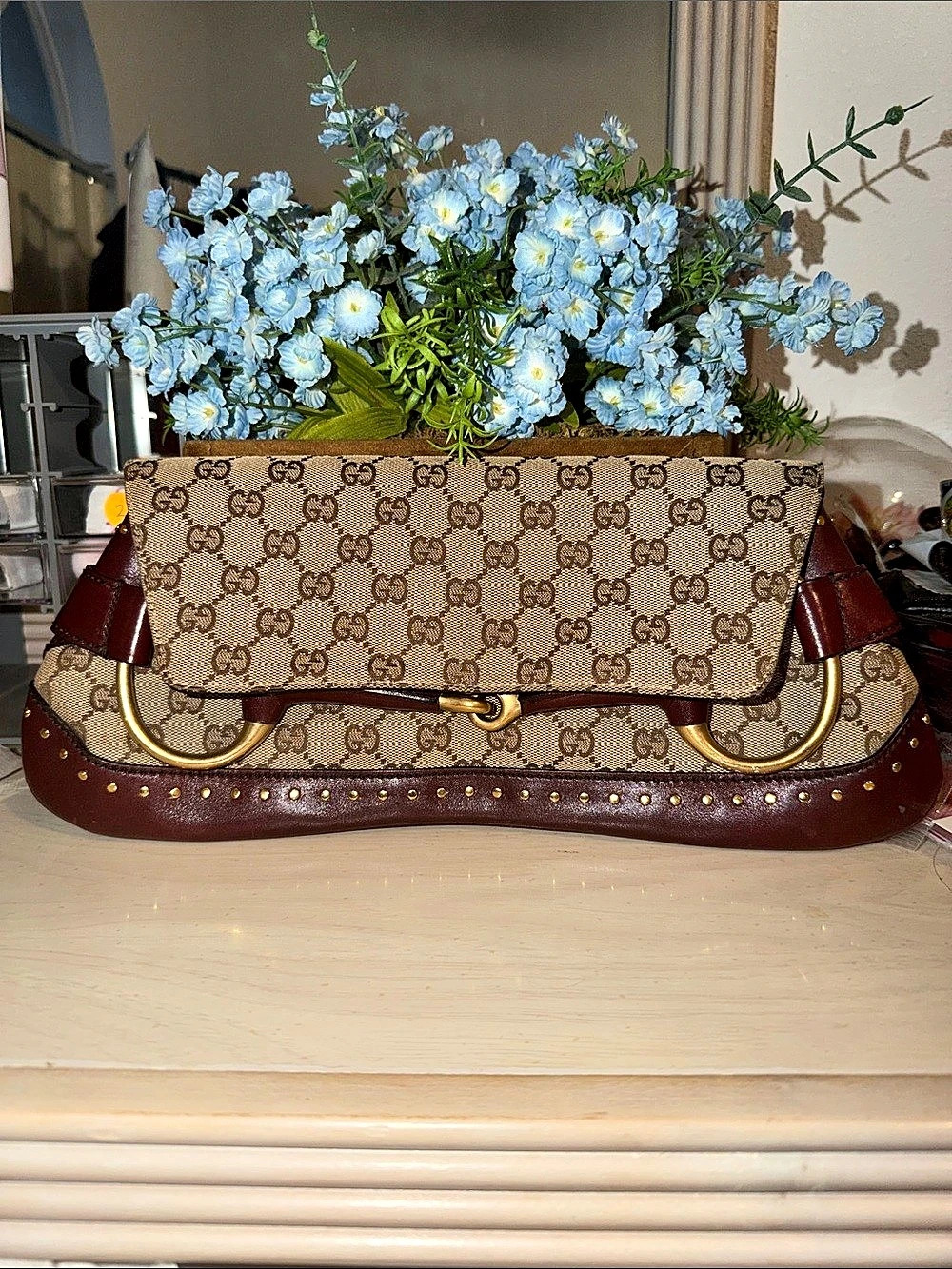 🚨🚨AUTHENTIC🚨🚨 Gucci GG Canvas Horsebit Studded Flap Shoulder Bag